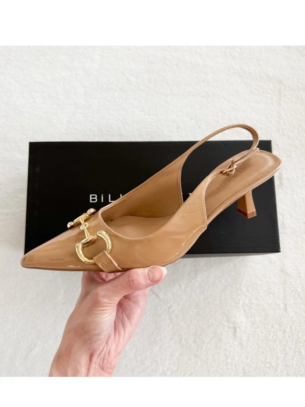 VICI Taupe Patent Slingback Heels Gold Hardware Kitten Heel Size 8, new in box